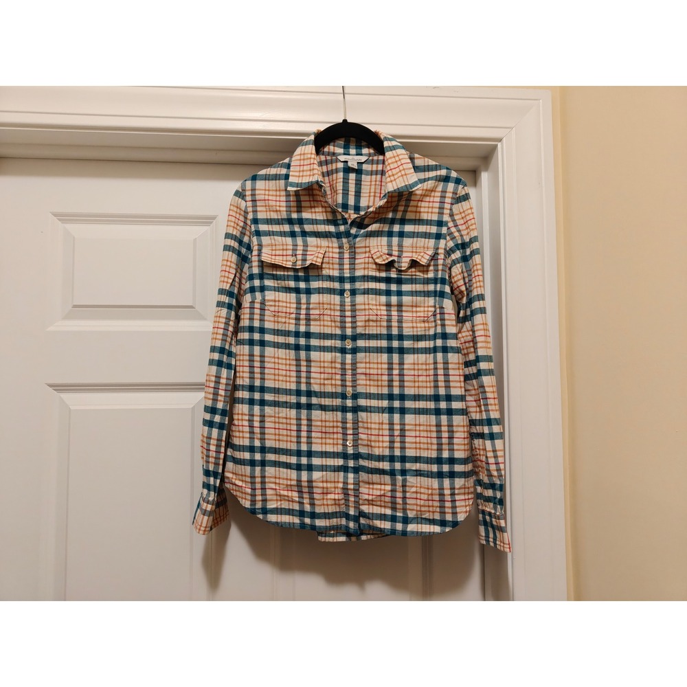 LL Bean Signature Womens XS Plaid Button Down Shirt Cotton Teal Orange 293404